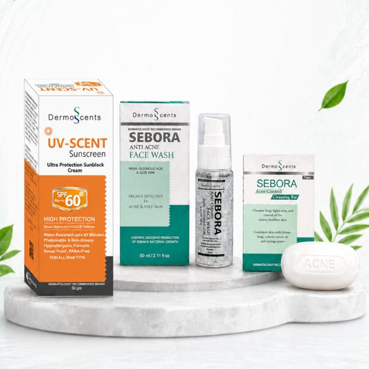DermoScents Acne Care Bundle – Face Wash, Sunscreen SPF 60 & Cleansing Bar | Complete Acne Solution